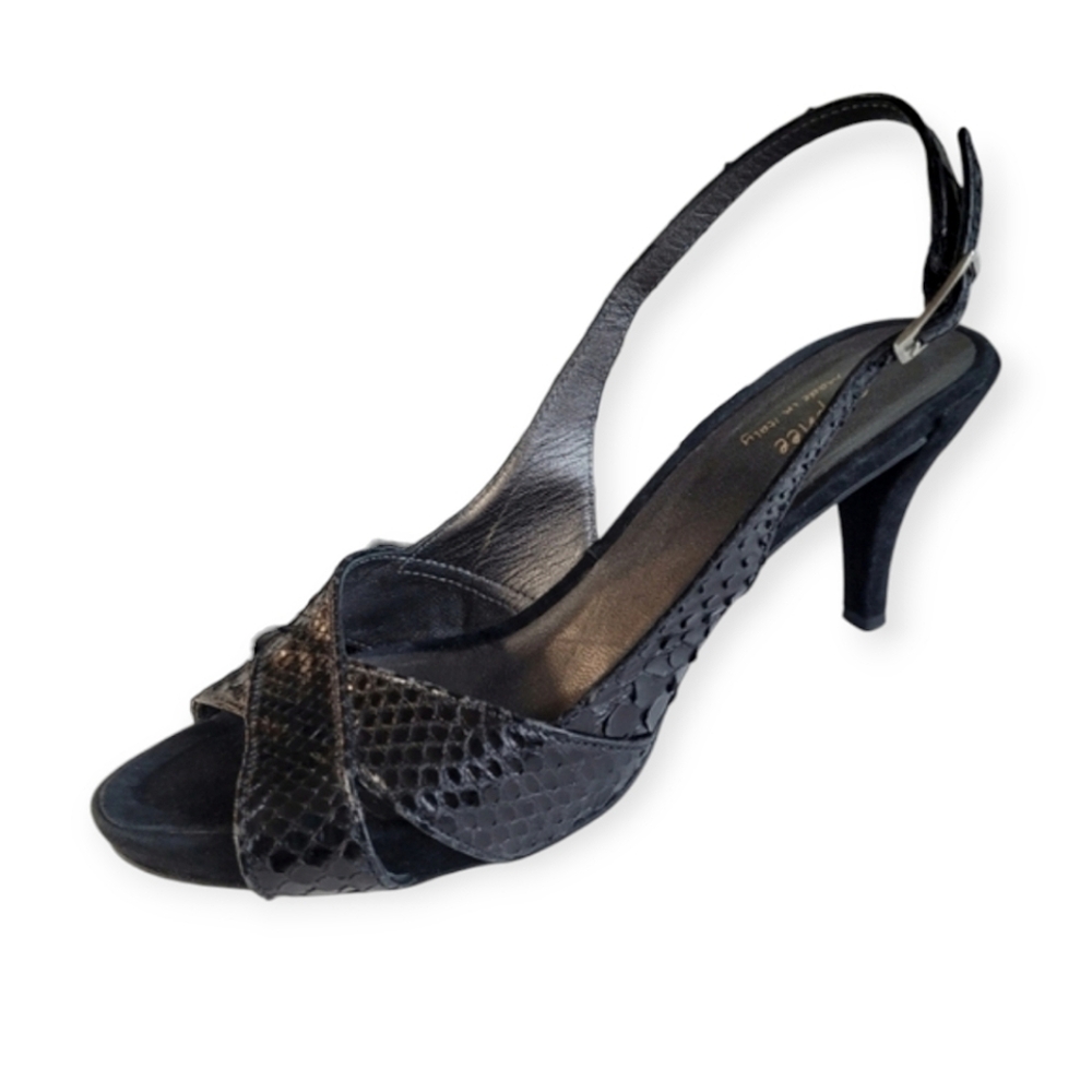 Vintage Snakeskin Slingback Peep Toe Heels 90s Y2K Black size 10